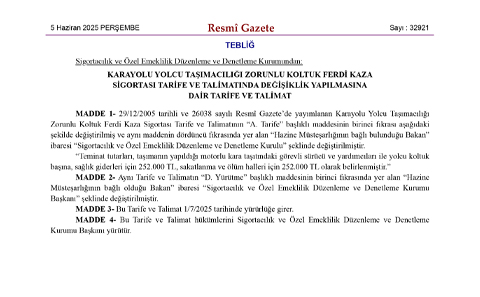 KARAYOLU YOLCU TAŞIMACILIĞI ZORUNLU KOLTUK FERDİ KAZA
SİGORTASI TARİFE VE TALİMATINDA DEĞİŞİKLİK YAPILMASINA
DAİR TARİFE VE TALİMAT